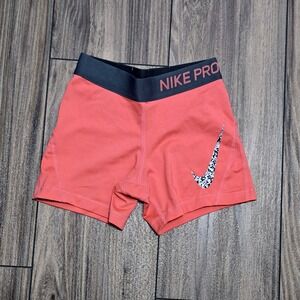 Nike Pro Dri-FIT Girls Compression Shorts Coral Pink Grey Waistband Size Small S